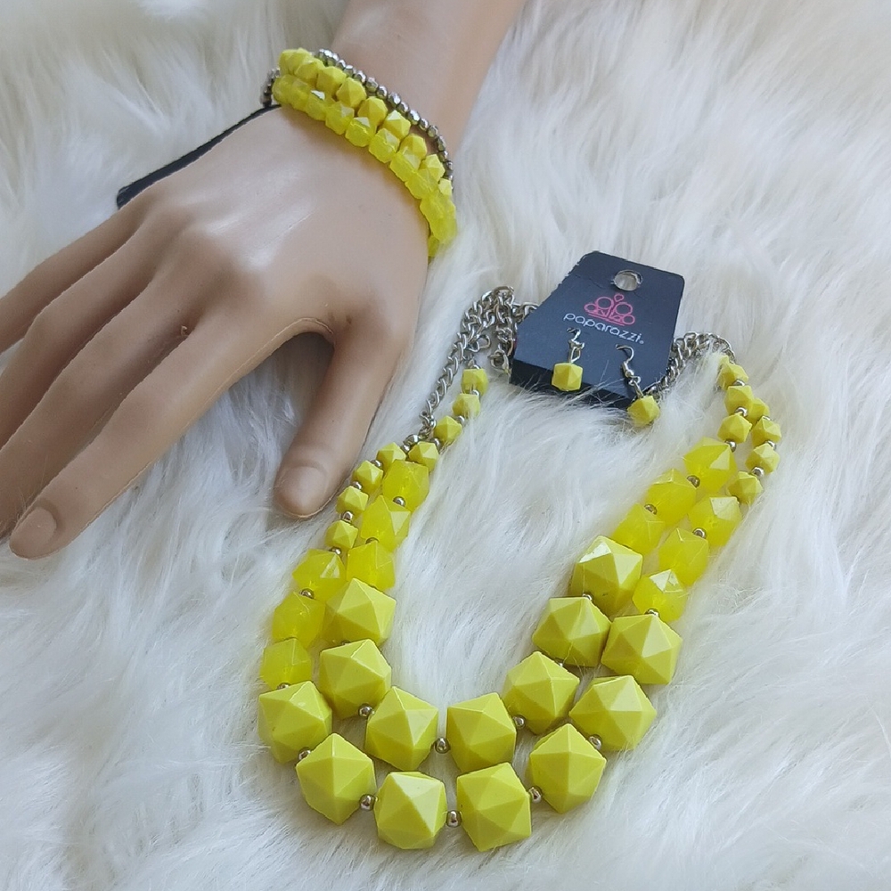 Paparazzi Yellow Double-Strand Necklace And Bracelet Set